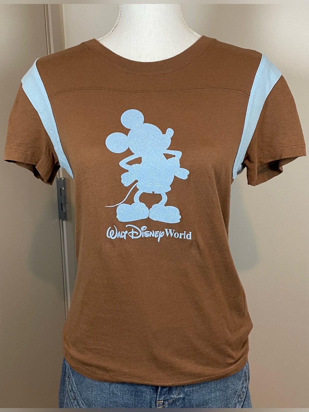 90s Mickey Mouse Disney Brown Blue Glitter Large 100% Cotton Baby Tee
